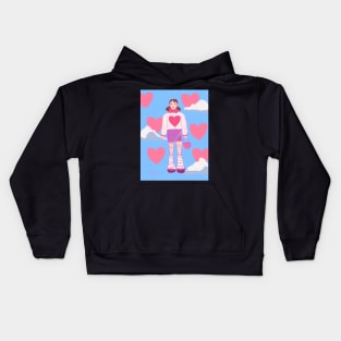 ilustración de chica con corazones y nubes Kids Hoodie